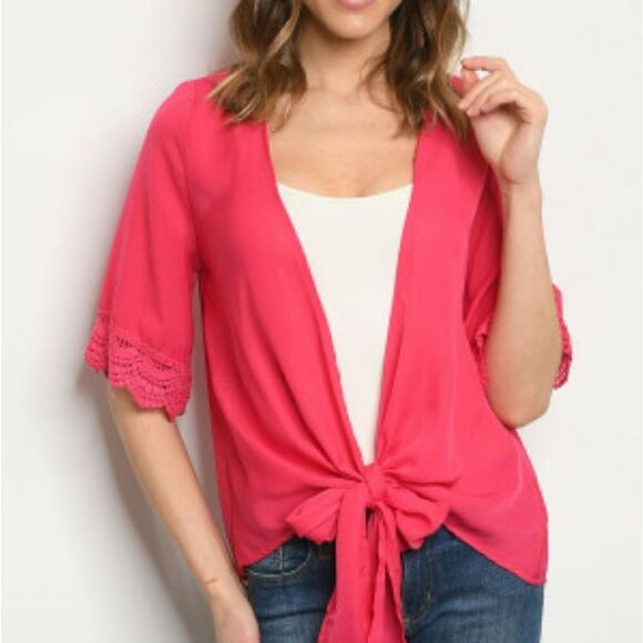 Fuchsia Crochet Sleeve Tie Front Kimono - Picture 1 of 3